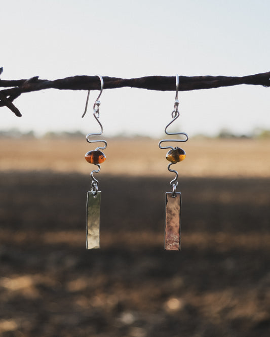 Earthen May squiggle, sparkle silver dangle earrings. Handmade, boho style.