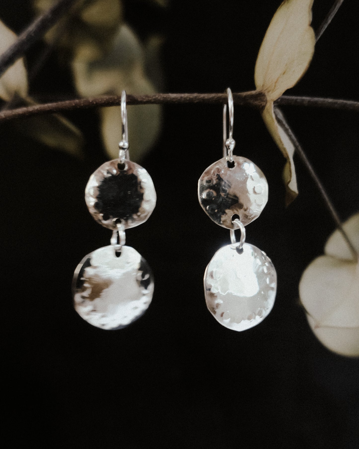 Earthen May Rustic dome dangle earrings. Handmade sterling silver boho jewellery.