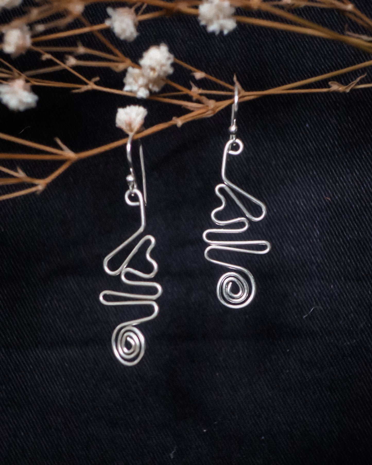 Earthen May. Love's a journey wire earrings, handmade, boho, sweet. Sterling Silver