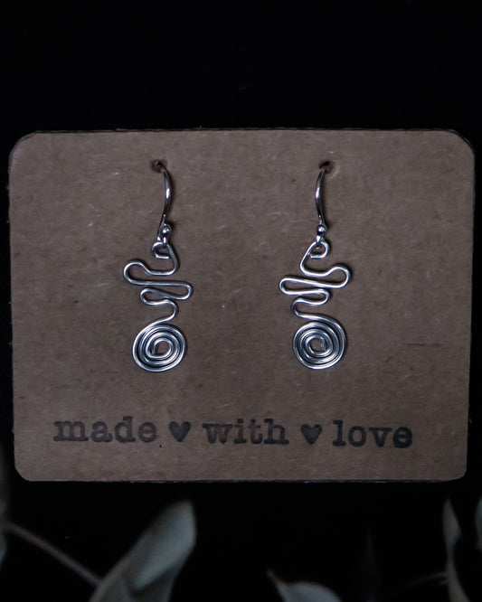 Earthen May. Mini squiggle sterling silver dangle earrings. Handmade, dainty, boho