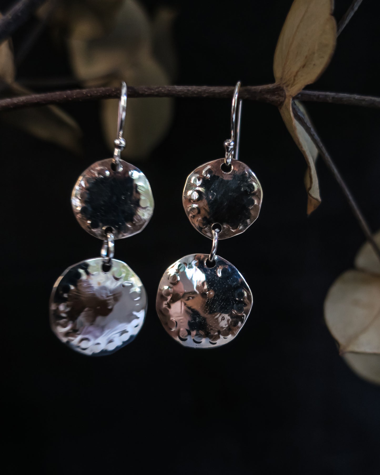 Earthen May Rustic dome dangle earrings. Handmade sterling silver boho jewellery.