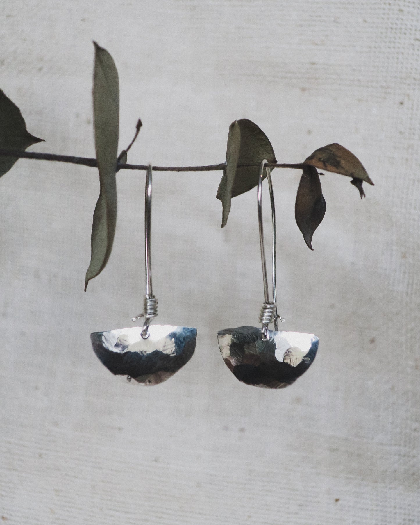 Earthen May Half Moon Textured Earrings. Boho, rustic, handmade sterling silver jewellery.