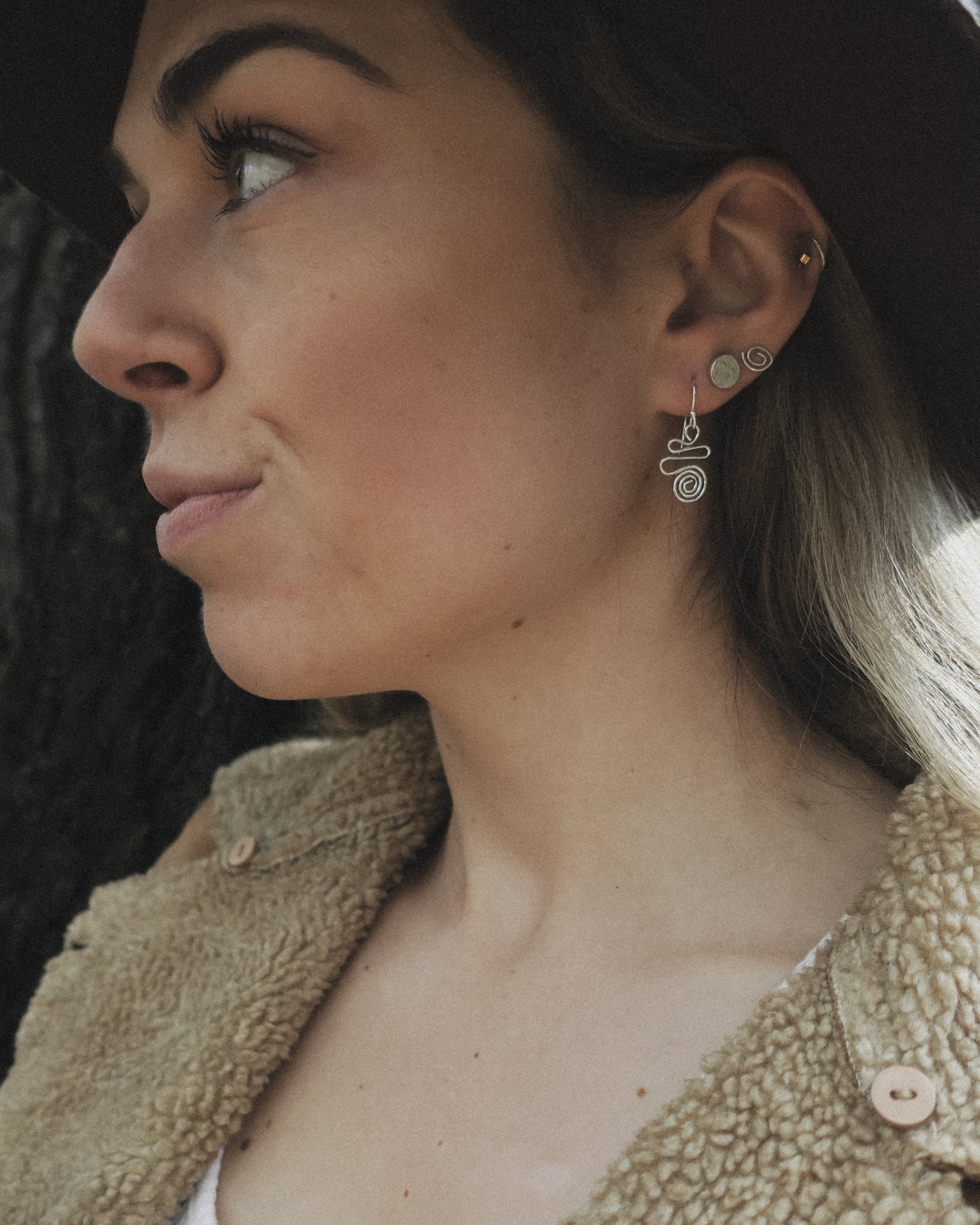 Earthen May. Mini Squiggle sterling silver earrings. Handmade, boho.