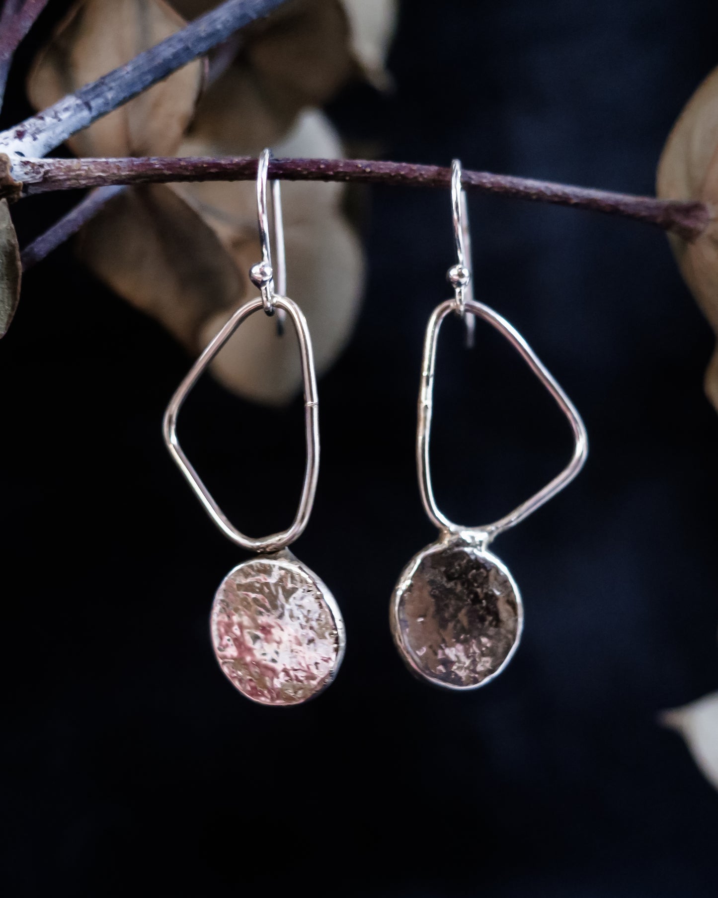 Earthen May Dangle Moon Earrings- rustic, handmade, boho sterling silver earrings.