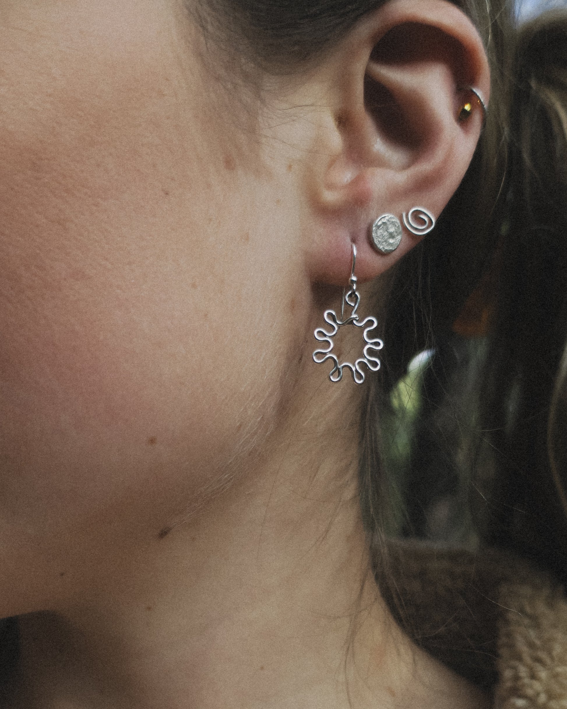 Earthen May Squiggle flower dangle earrings- sterling silver, funky, handmade