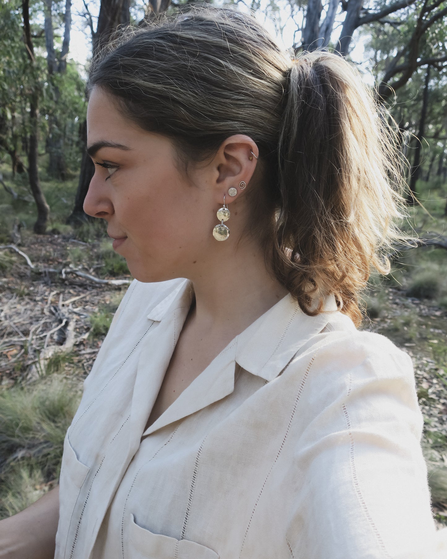 Earthen May Rustic dome dangle earrings. Handmade sterling silver boho jewellery.