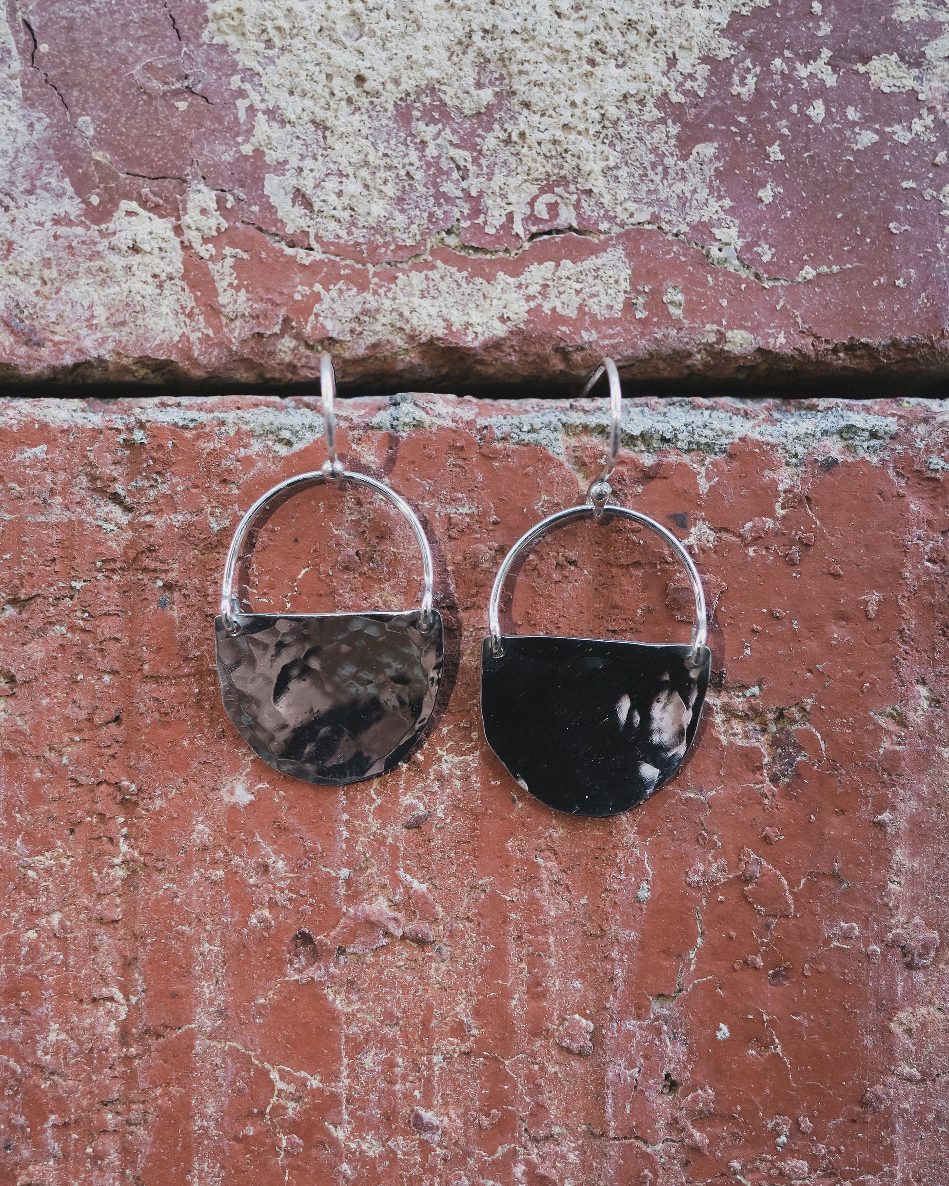 Earthen May Textured Half Moon Earrings. Handmade sterling silver jewellery.